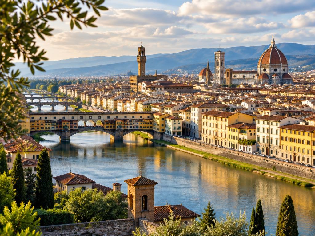 Florence skyline, cathedral and Ponte Vecchio over the Arno